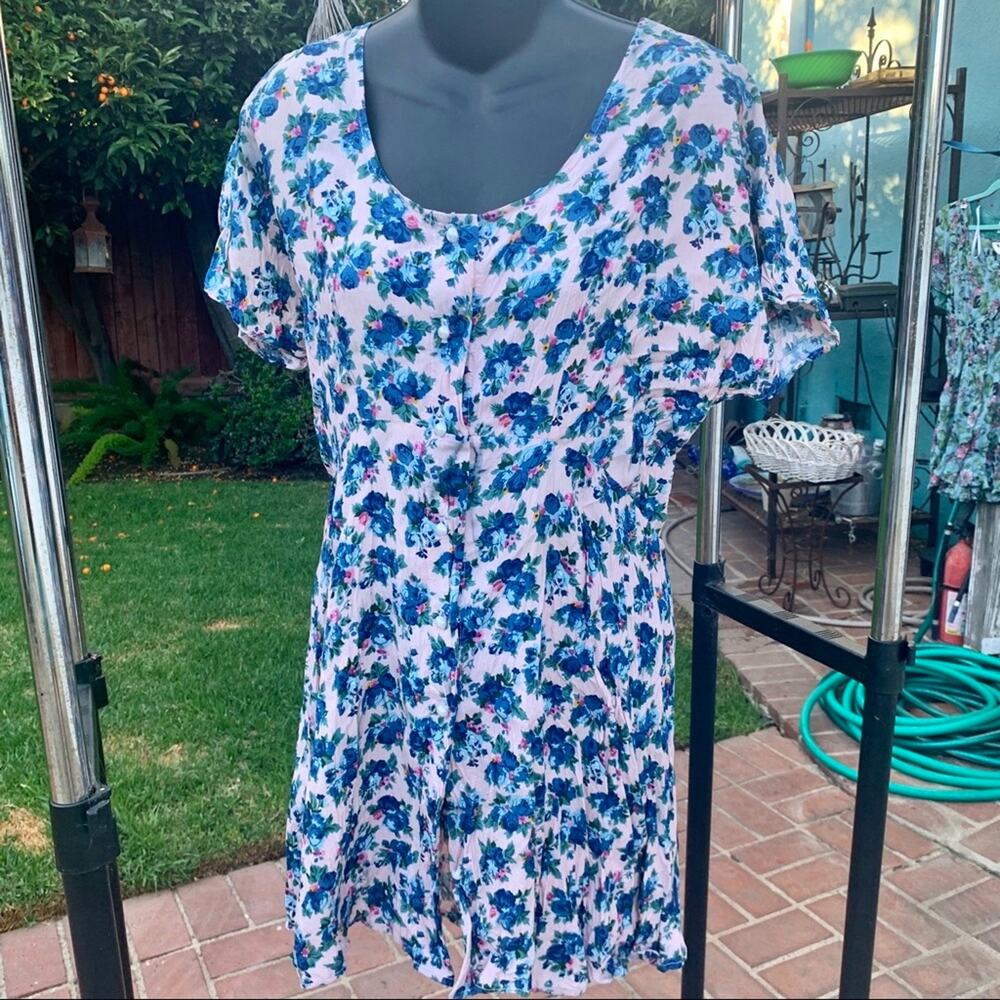 VINTAGE 90s PINK/BLUE FLORAL PRINT BUTTON FRONT DRESS OSFA GRUNGE COQUETTE